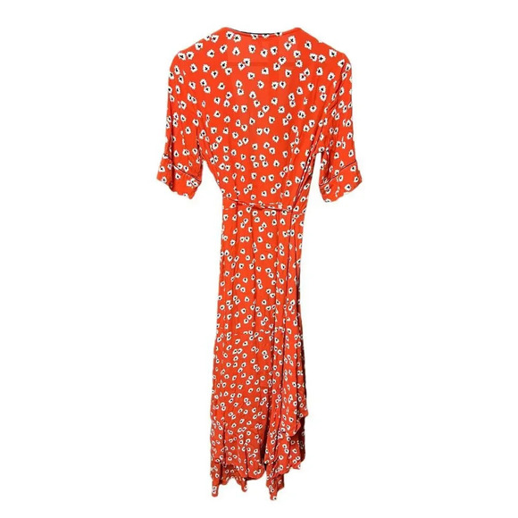 Ganni Crepe Floral Print Midi Wrap Dress in Coral Red Size 8 - Picture 6 of 10